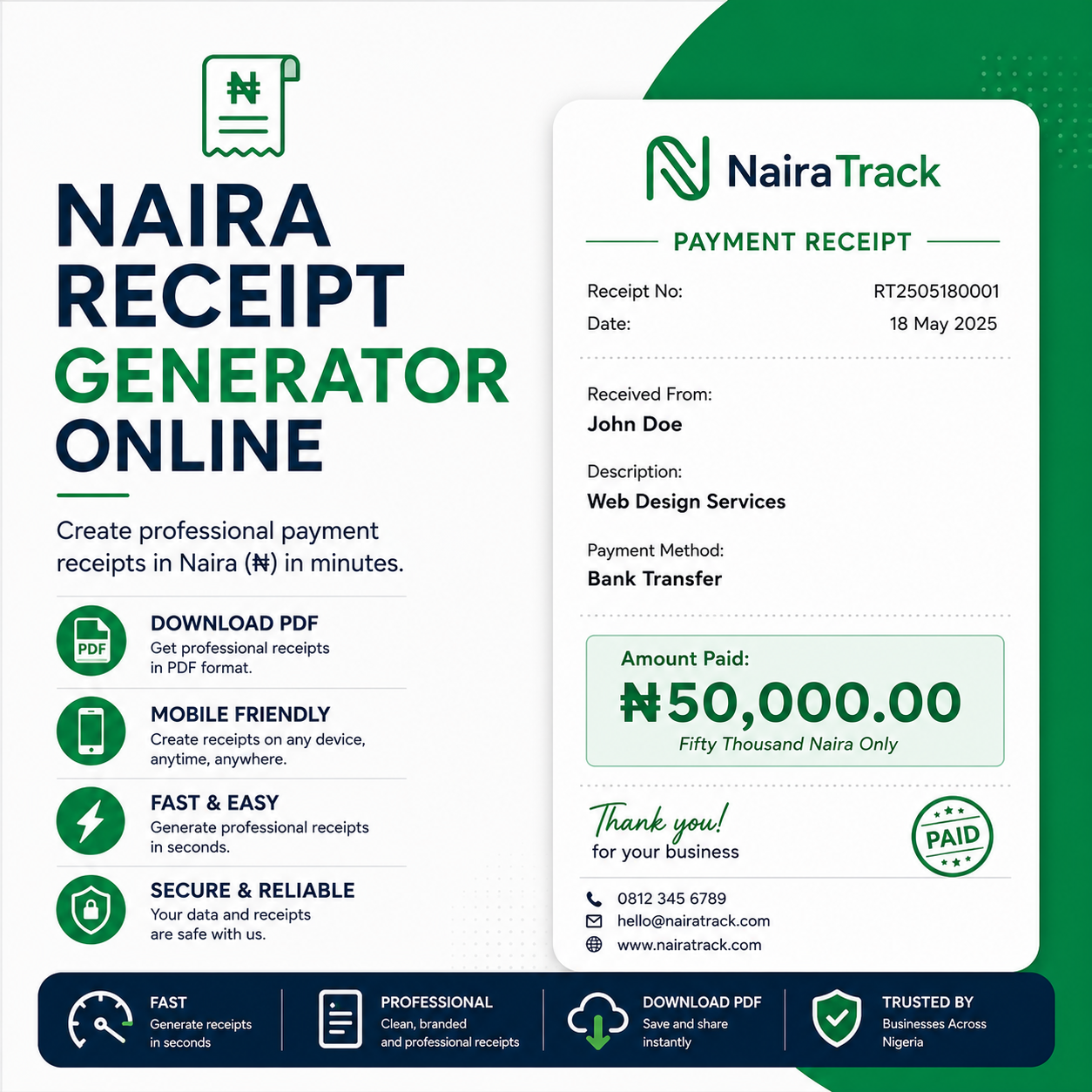 Naira Receipt Generator Online: Create Free PDF Payment Receipts Instantly | NairaTrack